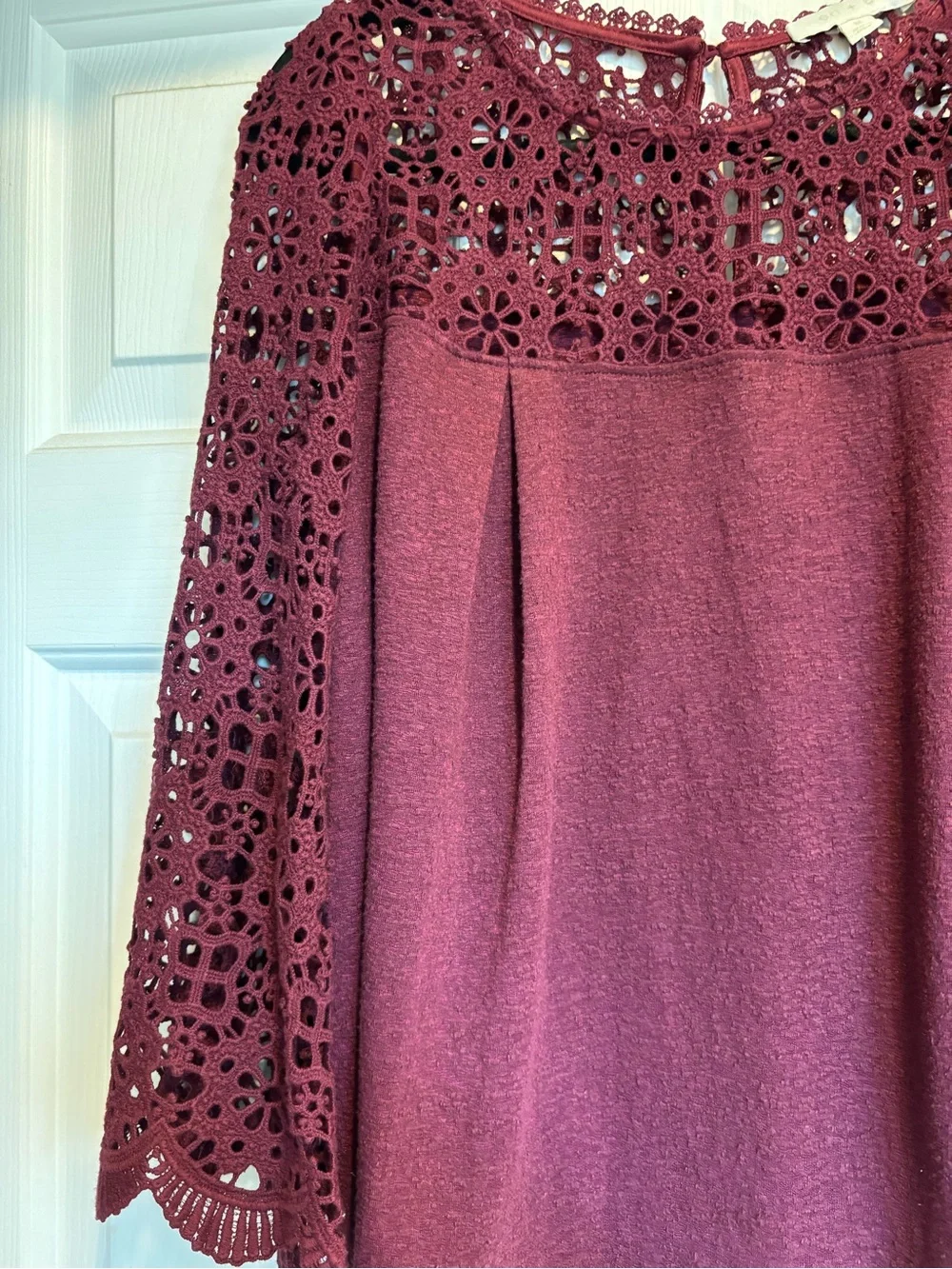 Anthropologie Burgundy Crochet Yoke Long-Sleeve Blouse